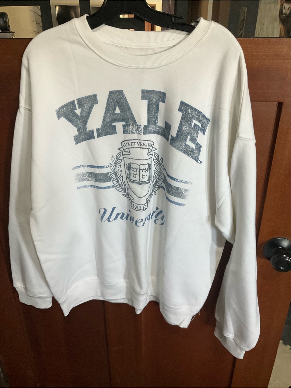Hollister White Crewneck Sweatshirt with Faded Blue Yale Print